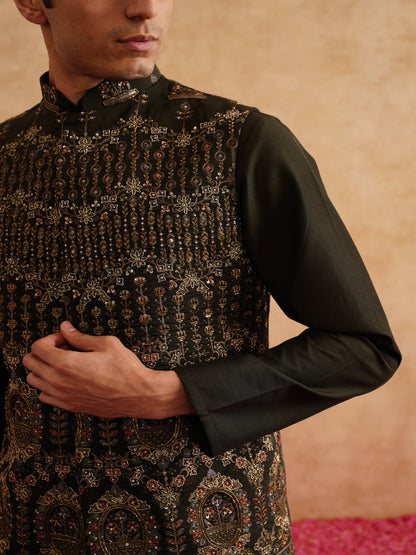 Seaweed Green Hand Embroidered Waistcoat Kurta Set