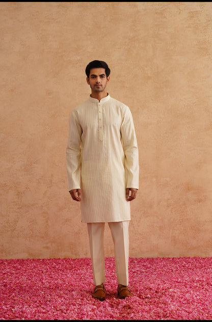 Light Yellow Waistcoat Kurta Set With Hand Embroidery On Silk