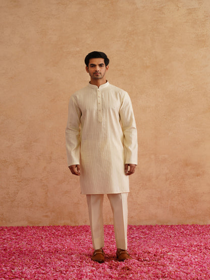 Light Yellow Waistcoat Kurta Set With Hand Embroidery On Silk