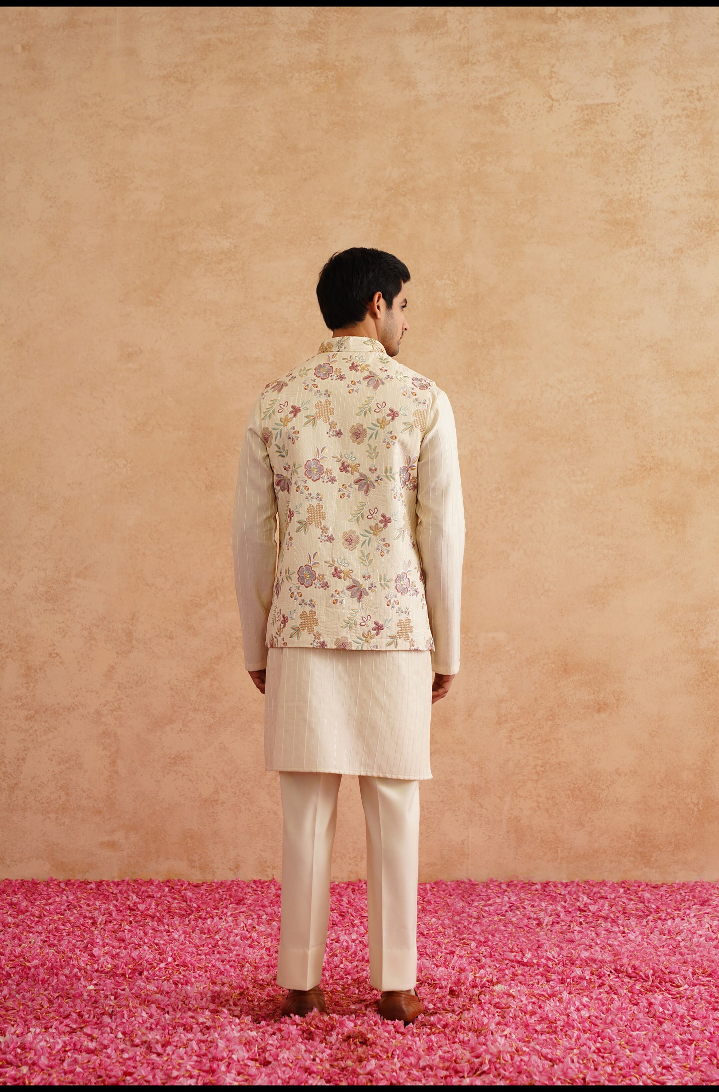 Light Yellow Waistcoat Kurta Set With Hand Embroidery On Silk