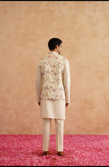 Light Yellow Waistcoat Kurta Set With Hand Embroidery On Silk