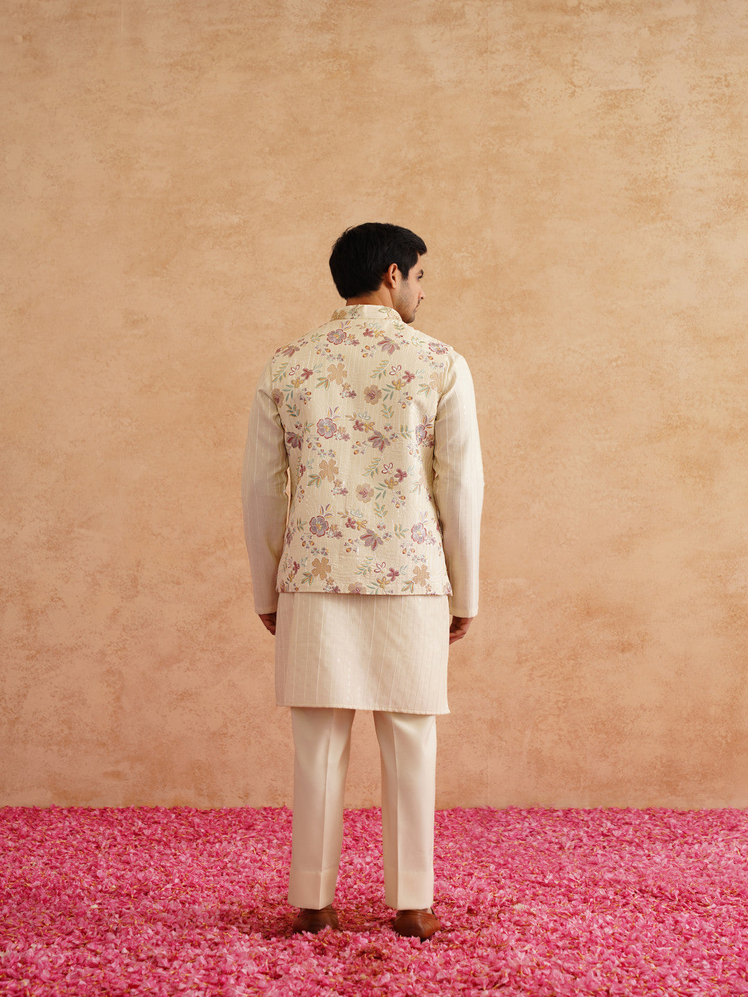 Light Yellow Waistcoat Kurta Set With Hand Embroidery On Silk