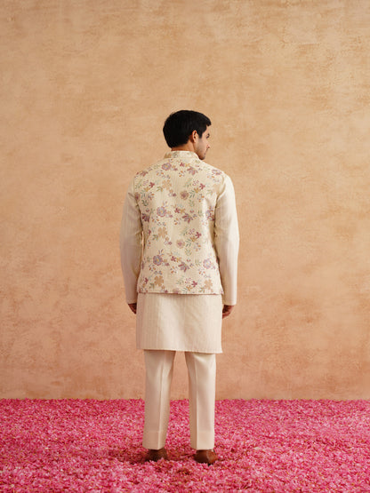 Light Yellow Waistcoat Kurta Set With Hand Embroidery On Silk