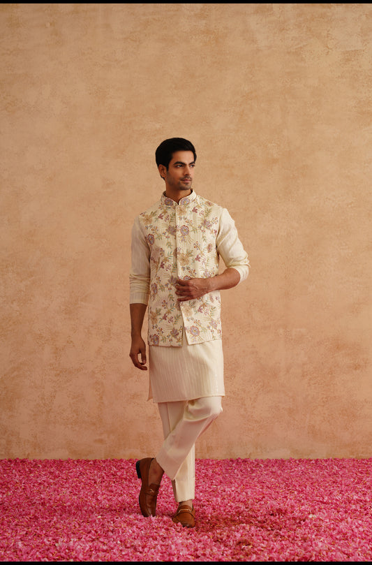 Light Yellow Waistcoat Kurta Set With Hand Embroidery On Silk