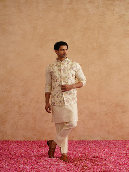 Light Yellow Waistcoat Kurta Set With Hand Embroidery On Silk