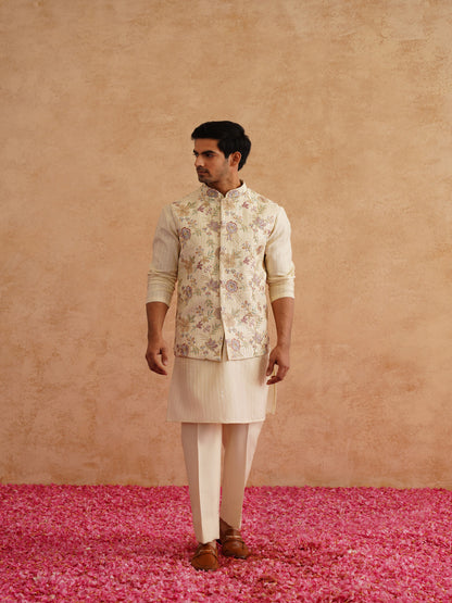 Light Yellow Waistcoat Kurta Set With Hand Embroidery On Silk