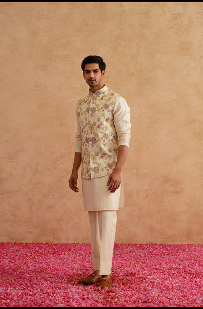 Light Yellow Waistcoat Kurta Set With Hand Embroidery On Silk