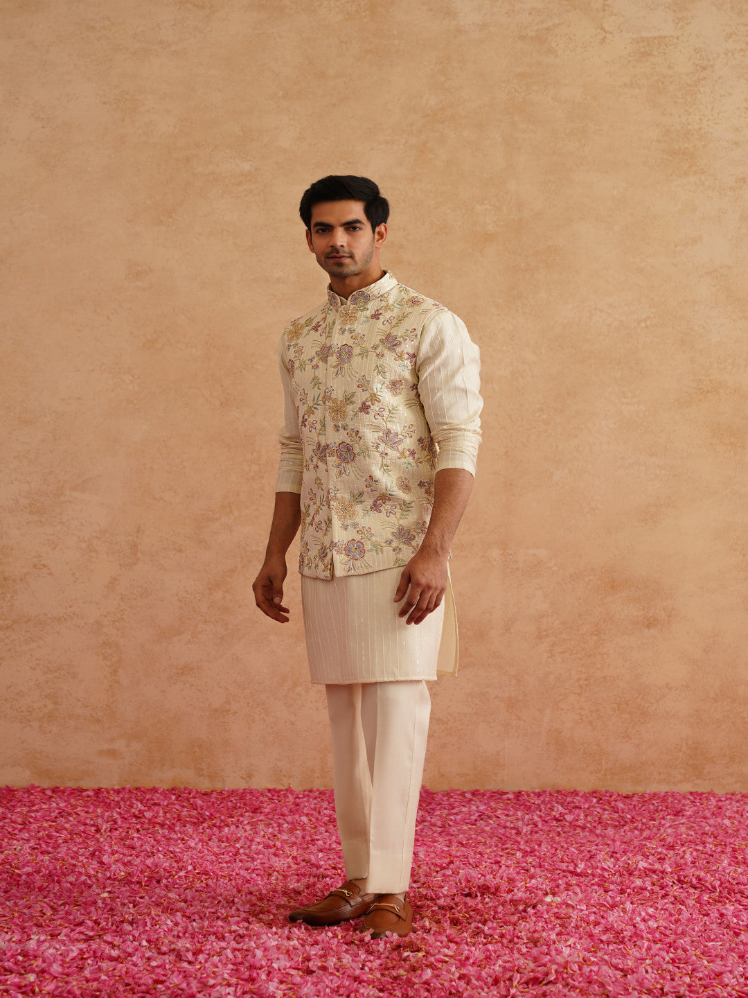 Light Yellow Waistcoat Kurta Set With Hand Embroidery On Silk