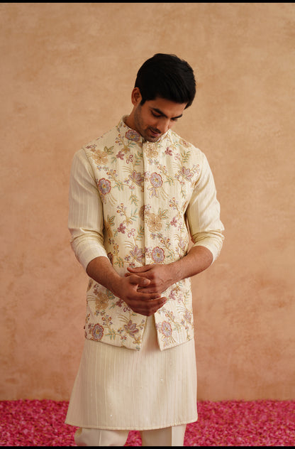 Light Yellow Waistcoat Kurta Set With Hand Embroidery On Silk