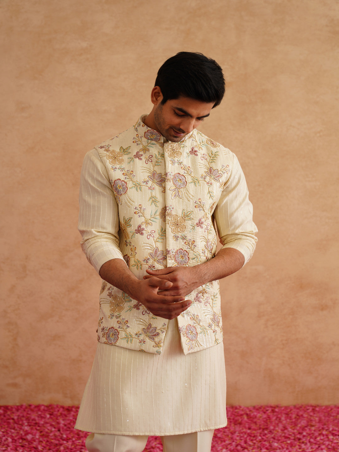Light Yellow Waistcoat Kurta Set With Hand Embroidery On Silk