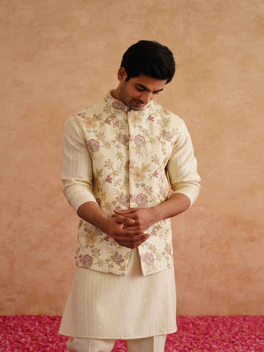 Light Yellow Waistcoat Kurta Set With Hand Embroidery On Silk