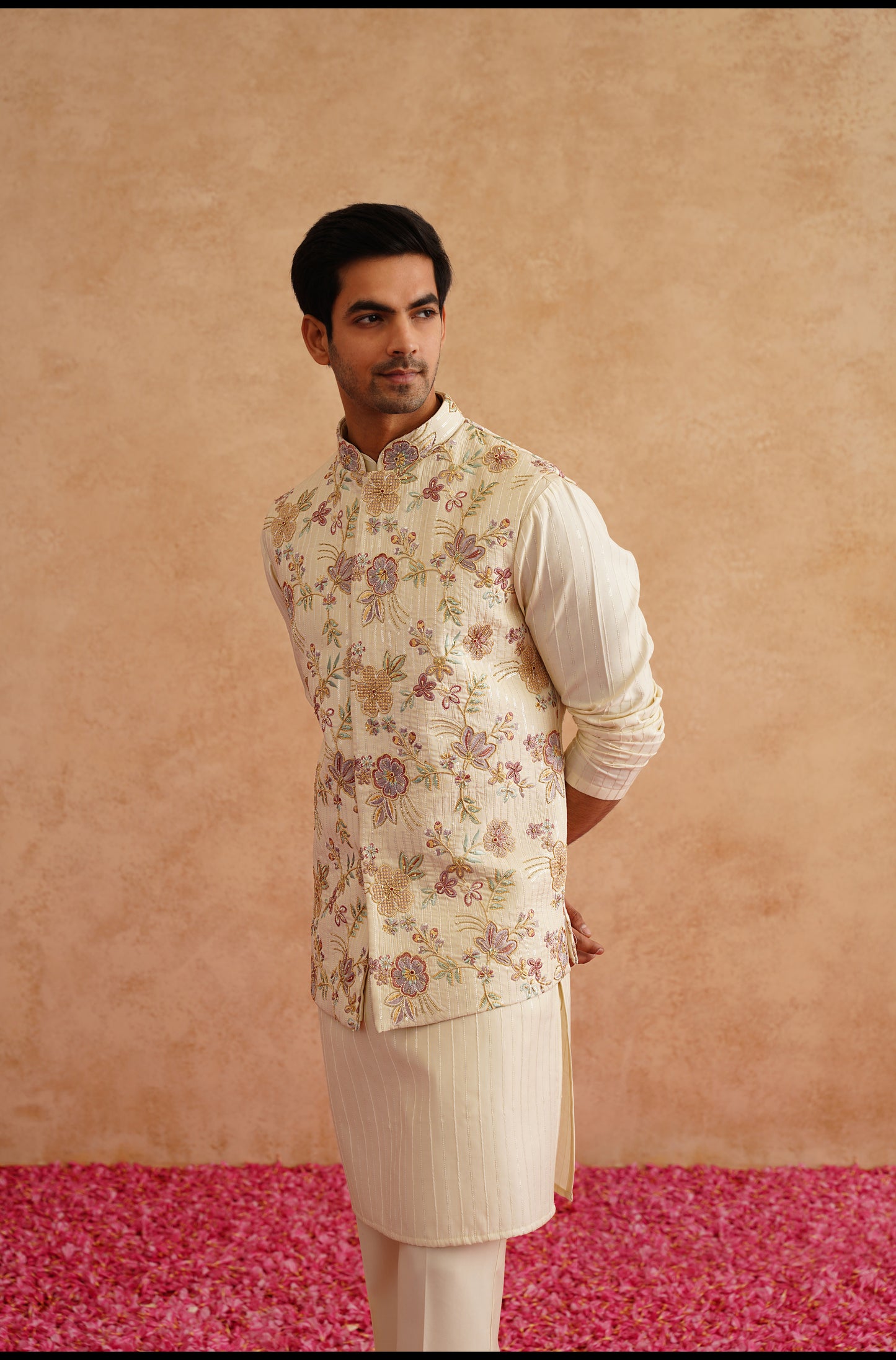 Light Yellow Waistcoat Kurta Set With Hand Embroidery On Silk