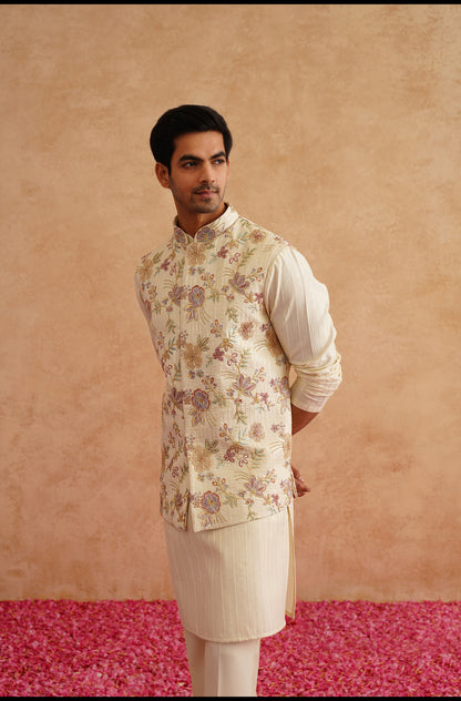 Light Yellow Waistcoat Kurta Set With Hand Embroidery On Silk