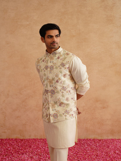 Light Yellow Waistcoat Kurta Set With Hand Embroidery On Silk