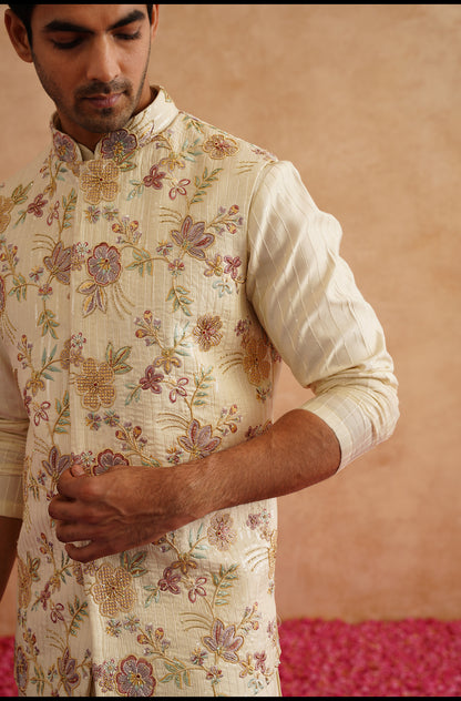 Light Yellow Waistcoat Kurta Set With Hand Embroidery On Silk