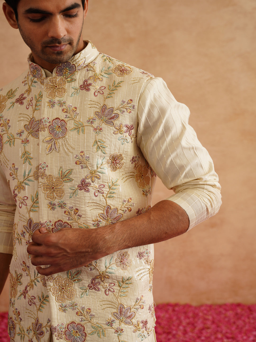 Light Yellow Waistcoat Kurta Set With Hand Embroidery On Silk