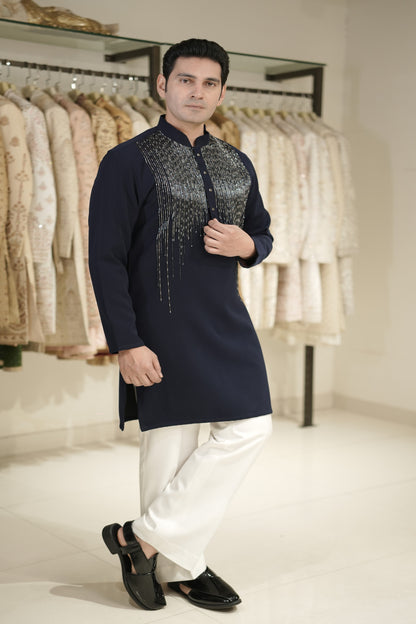 Navy blue kurta set with silver embroidery for men