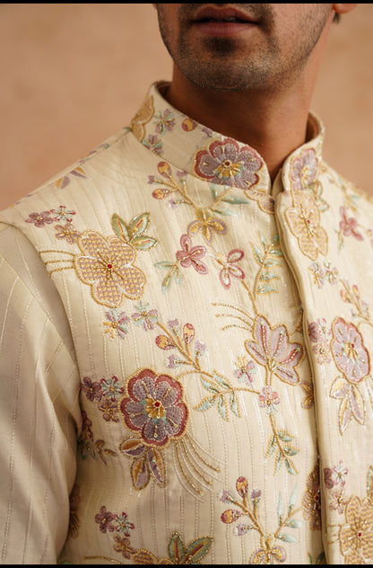 Light Yellow Waistcoat Kurta Set With Hand Embroidery On Silk