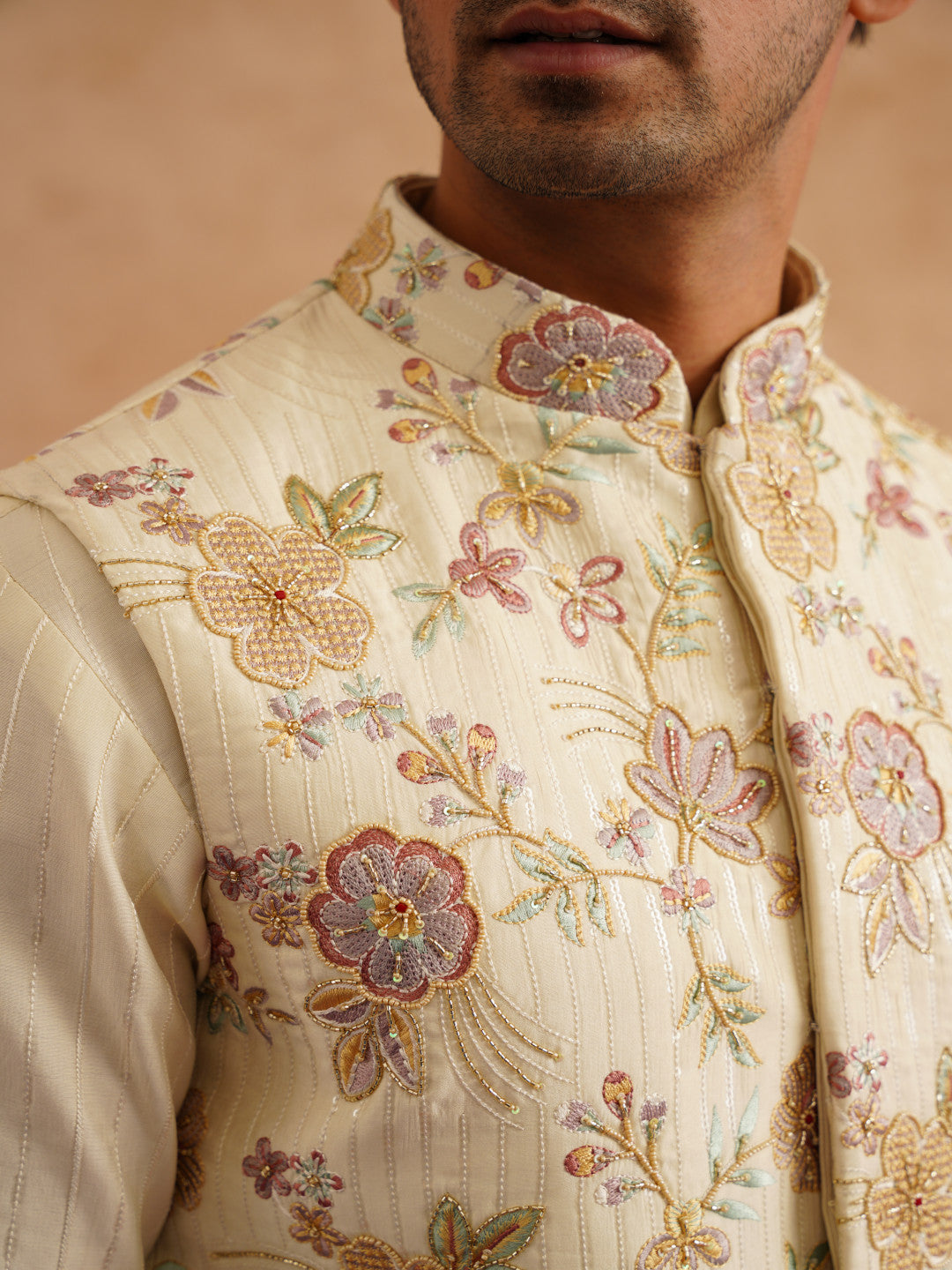 Light Yellow Waistcoat Kurta Set With Hand Embroidery On Silk