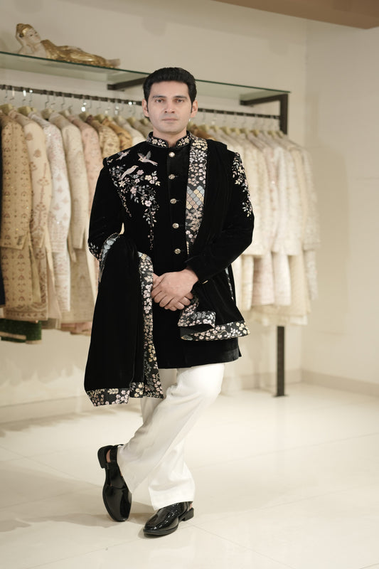 Black Premium Velvet Indowestern Set with Matching Stole