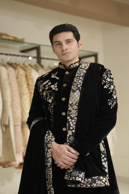 Black Premium Velvet Indowestern Set with Matching Stole