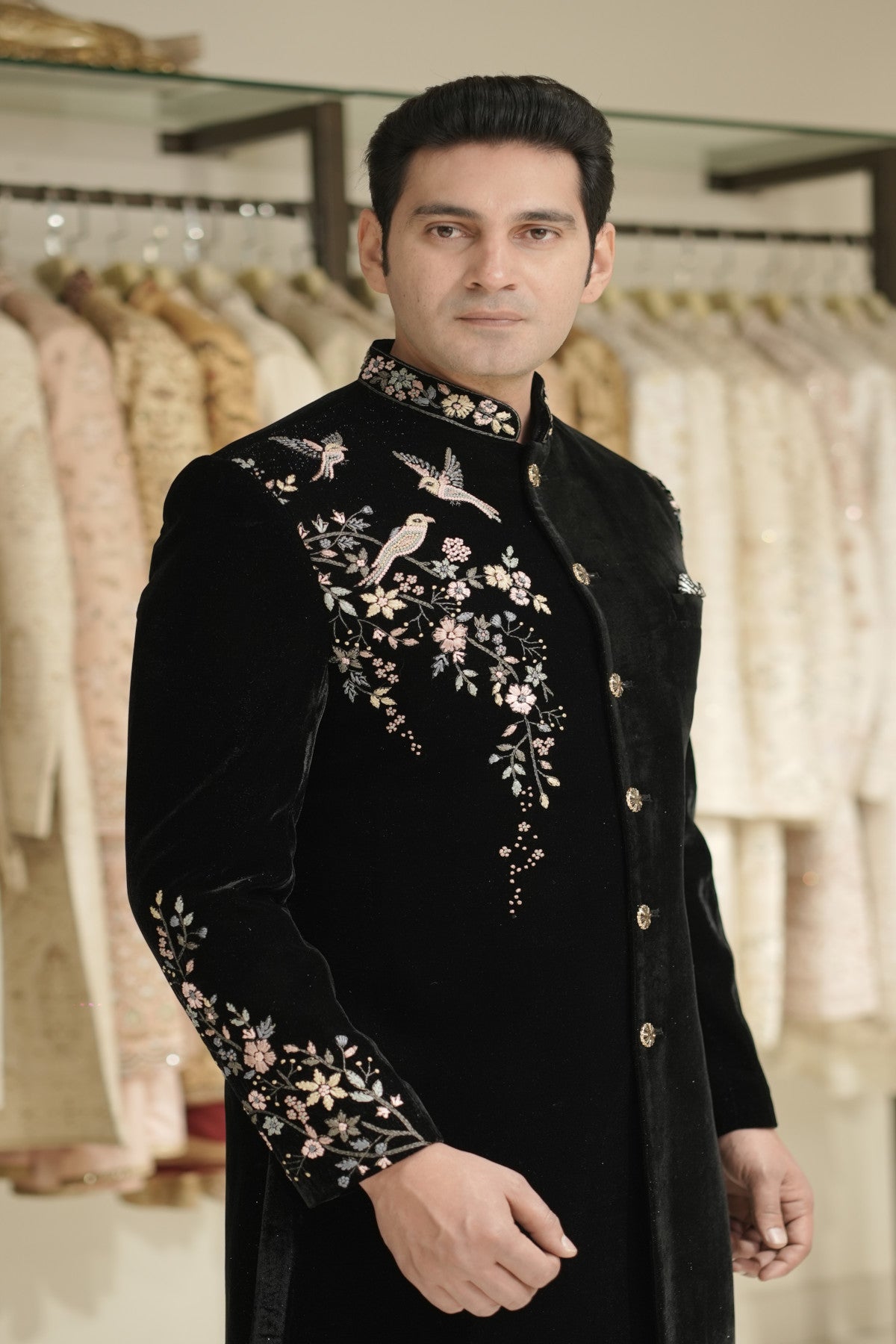 Black Premium Velvet Indowestern Set with Matching Stole