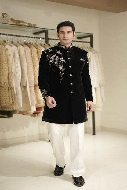 Black Premium Velvet Indowestern Set with Matching Stole