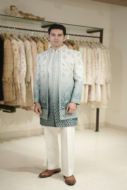 Teal Gradient Indowestern with Threadwork