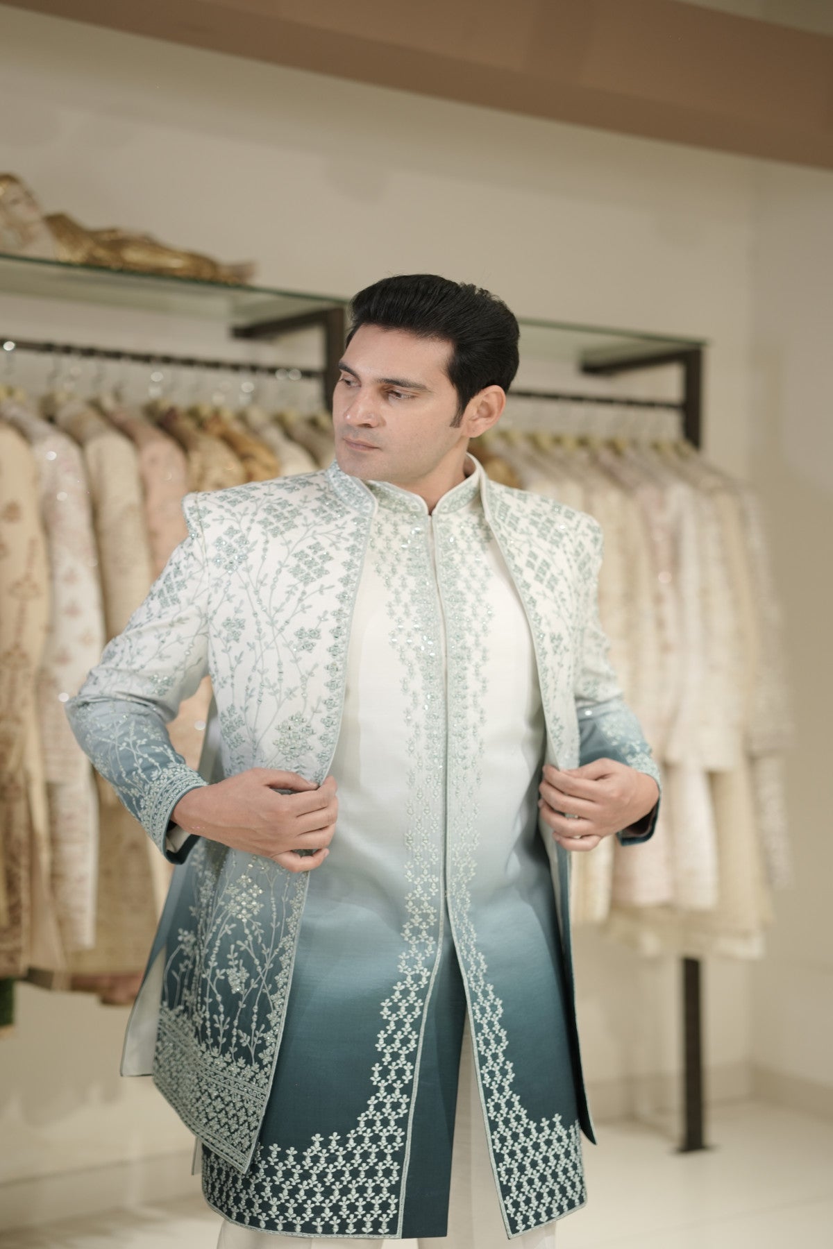 Teal Gradient Indowestern with Threadwork