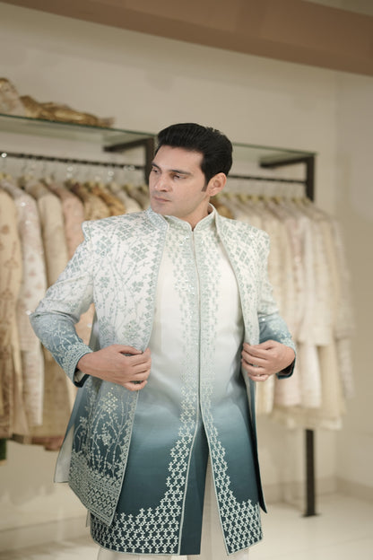 Teal Gradient Indowestern with Threadwork