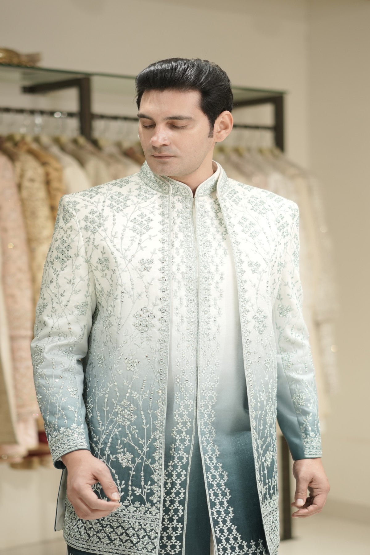 Teal Gradient Indowestern with Threadwork