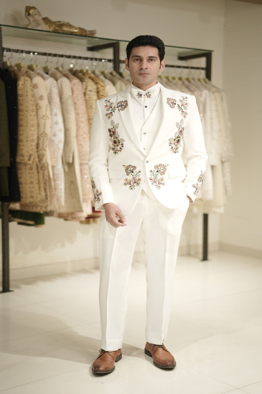 Buy online white tuxedo suit for wedding floral embroidery 