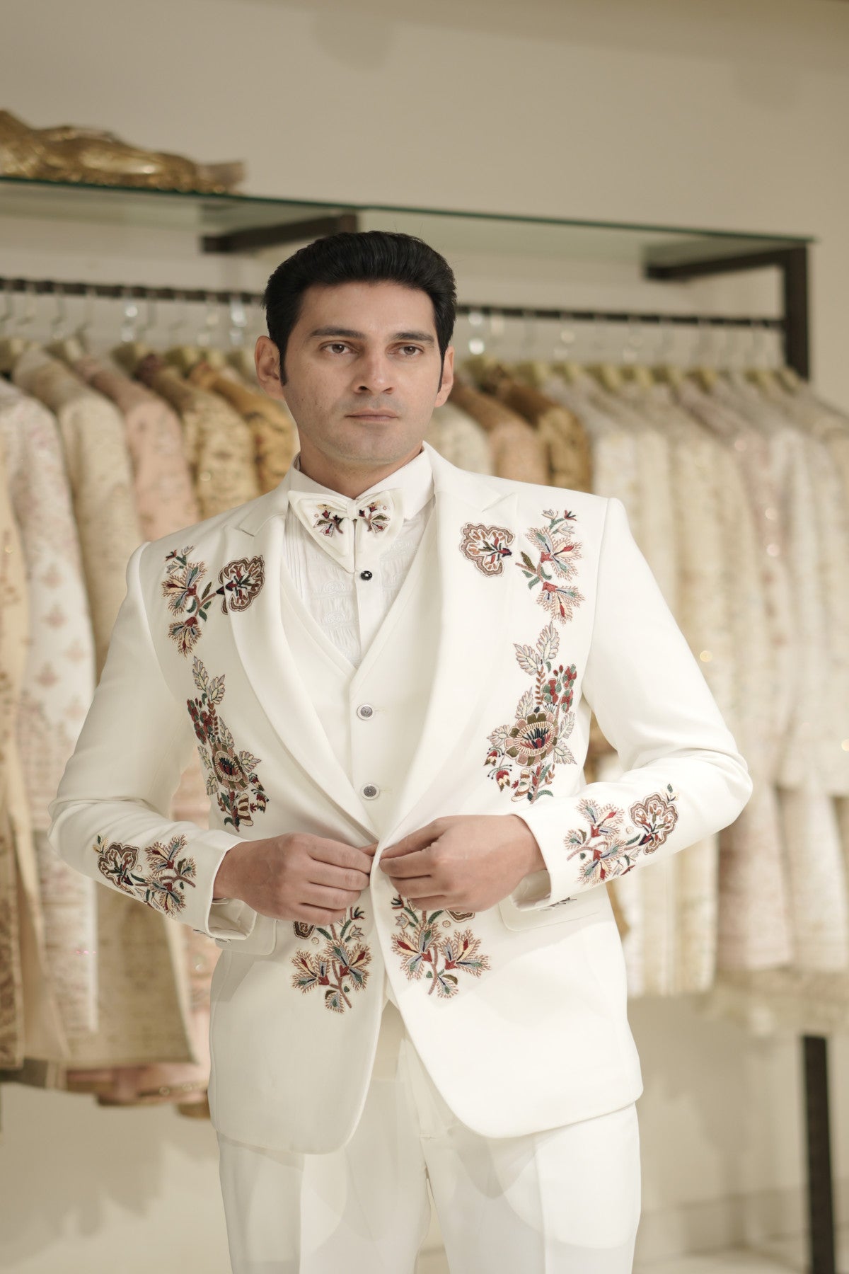 Tuxedo suit for groom white floral embroidered buy online
