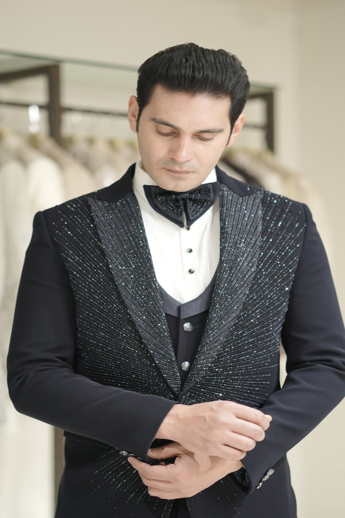 Buy online 3 piece navy blue tuxedo for groom