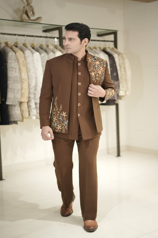 Mocha Brown Short Indowestern Set with Floral Embroidery
