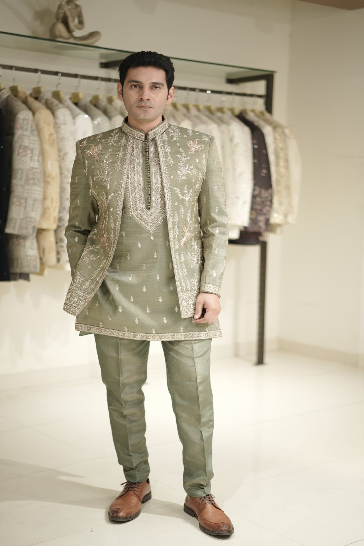 Sage Green Indowestern Set with Hand-Embroidered Bird Motifs