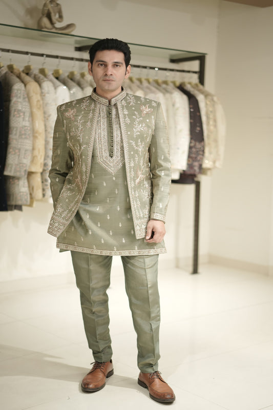 Sage Green Indowestern Set with Hand-Embroidered Bird Motifs