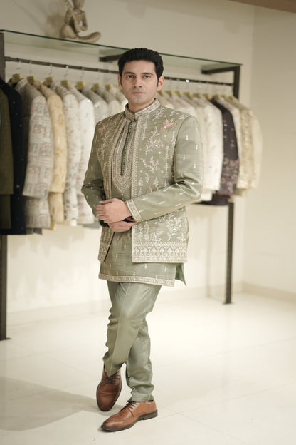 Sage Green Indowestern Set with Hand-Embroidered Bird Motifs