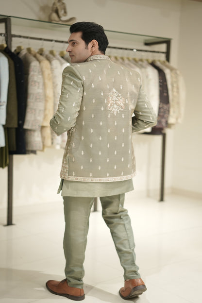 Sage Green Indowestern Set with Hand-Embroidered Bird Motifs