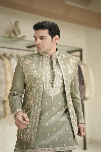 Sage Green Indowestern Set with Hand-Embroidered Bird Motifs