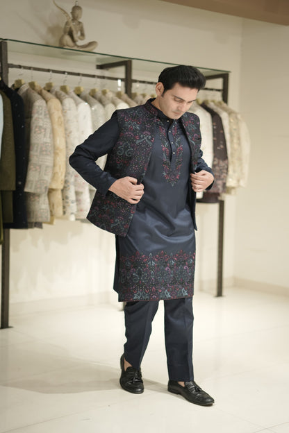Navy Blue Kurta Jacket Set with Purple & Teal Floral Embroidery