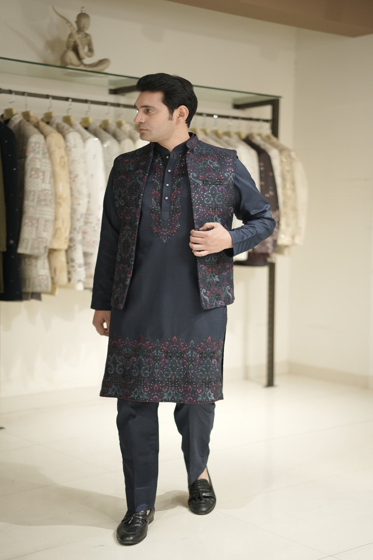 Navy Blue Kurta Jacket Set with Purple & Teal Floral Embroidery