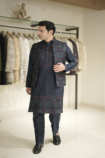 Navy Blue Kurta Jacket Set with Purple & Teal Floral Embroidery
