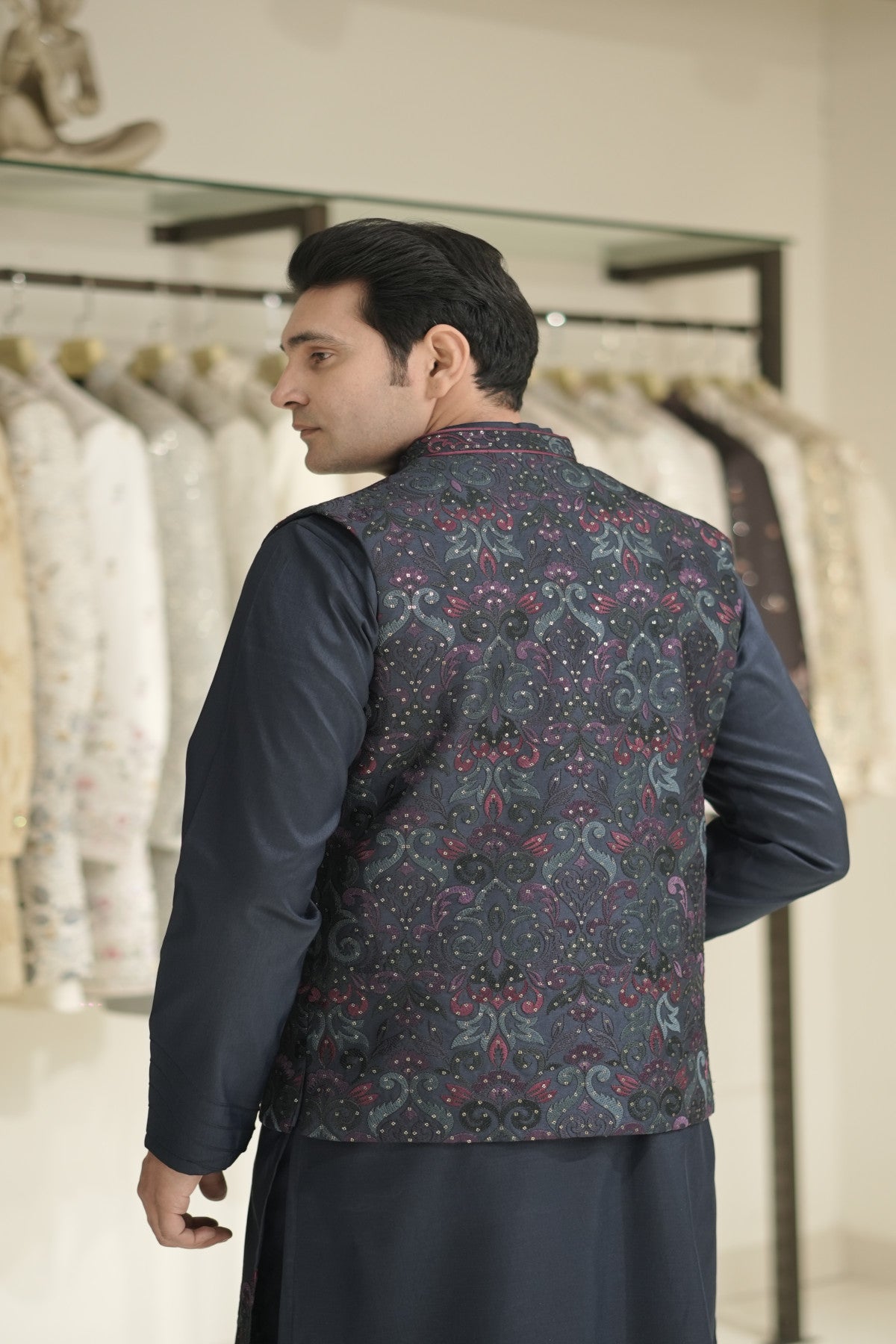 Navy Blue Kurta Jacket Set with Purple & Teal Floral Embroidery