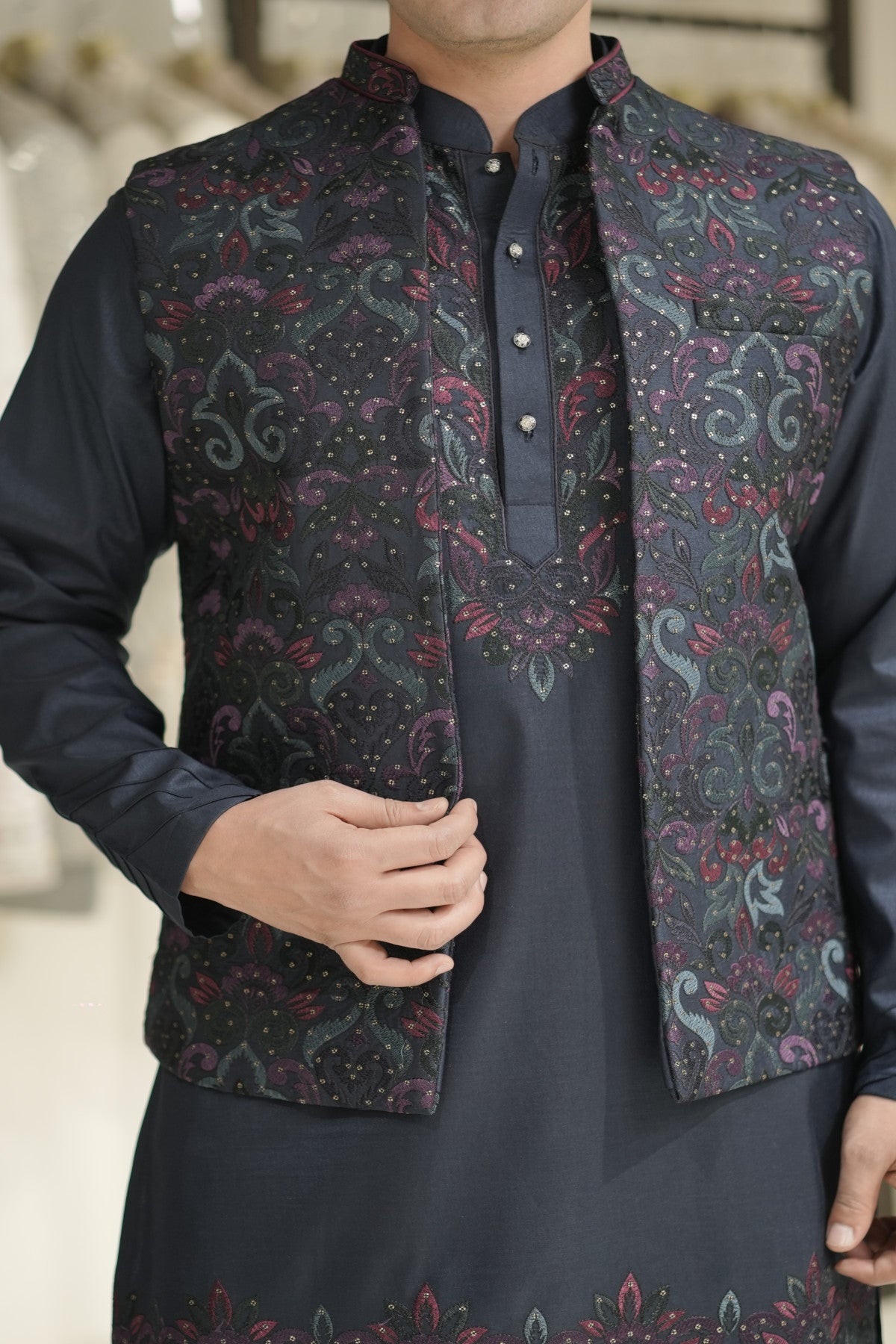 Navy Blue Kurta Jacket Set with Purple & Teal Floral Embroidery