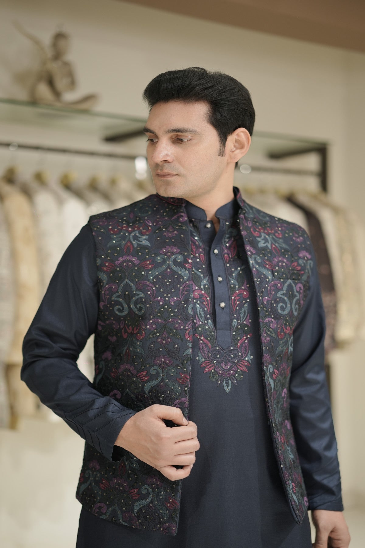 Navy Blue Kurta Jacket Set with Purple & Teal Floral Embroidery