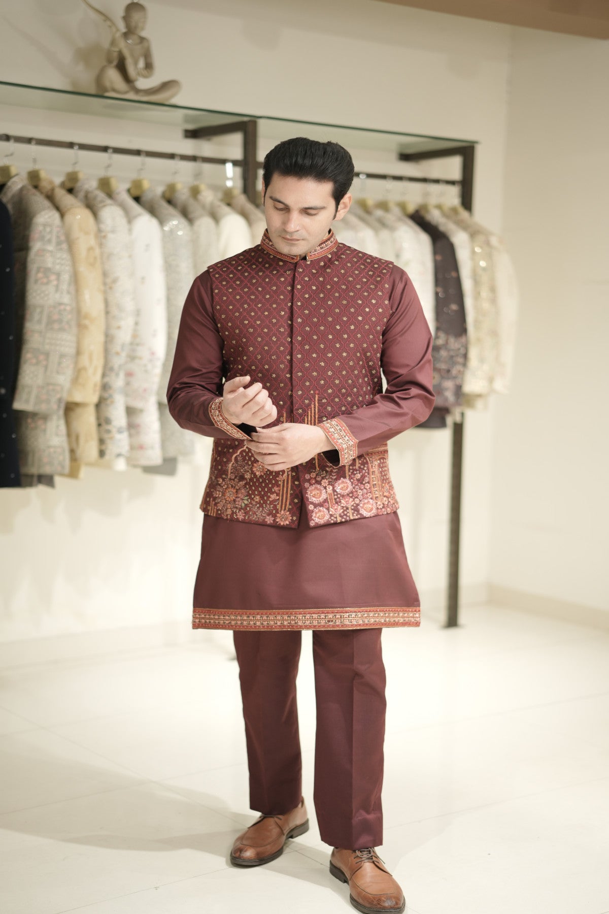 Buy online deep maroon kurta in embroidered silk fabric