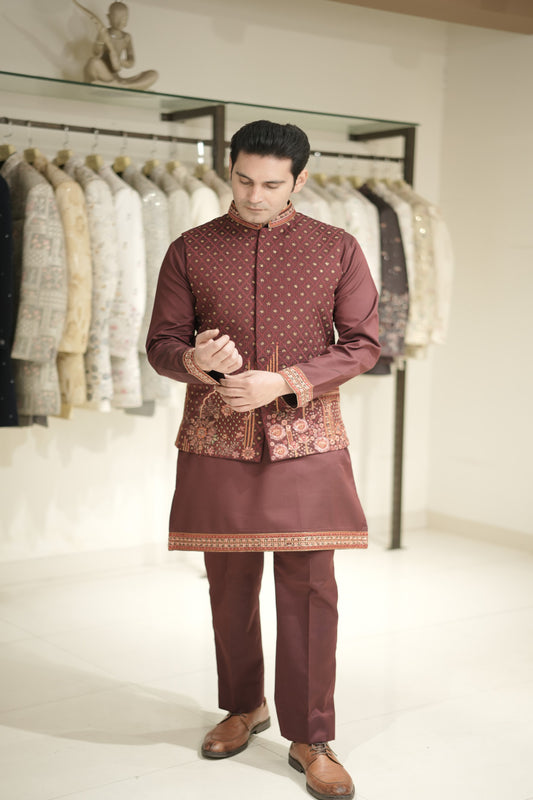 Buy online deep maroon kurta in embroidered silk fabric