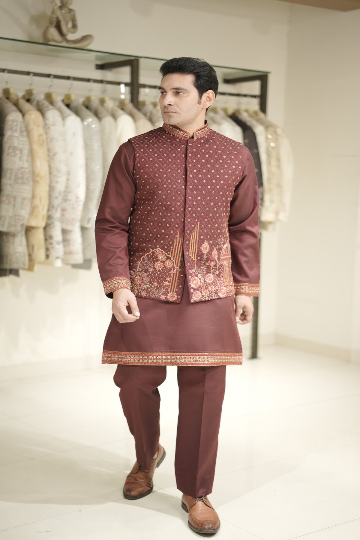 Shop maroon kurta for men with designer waistcoat