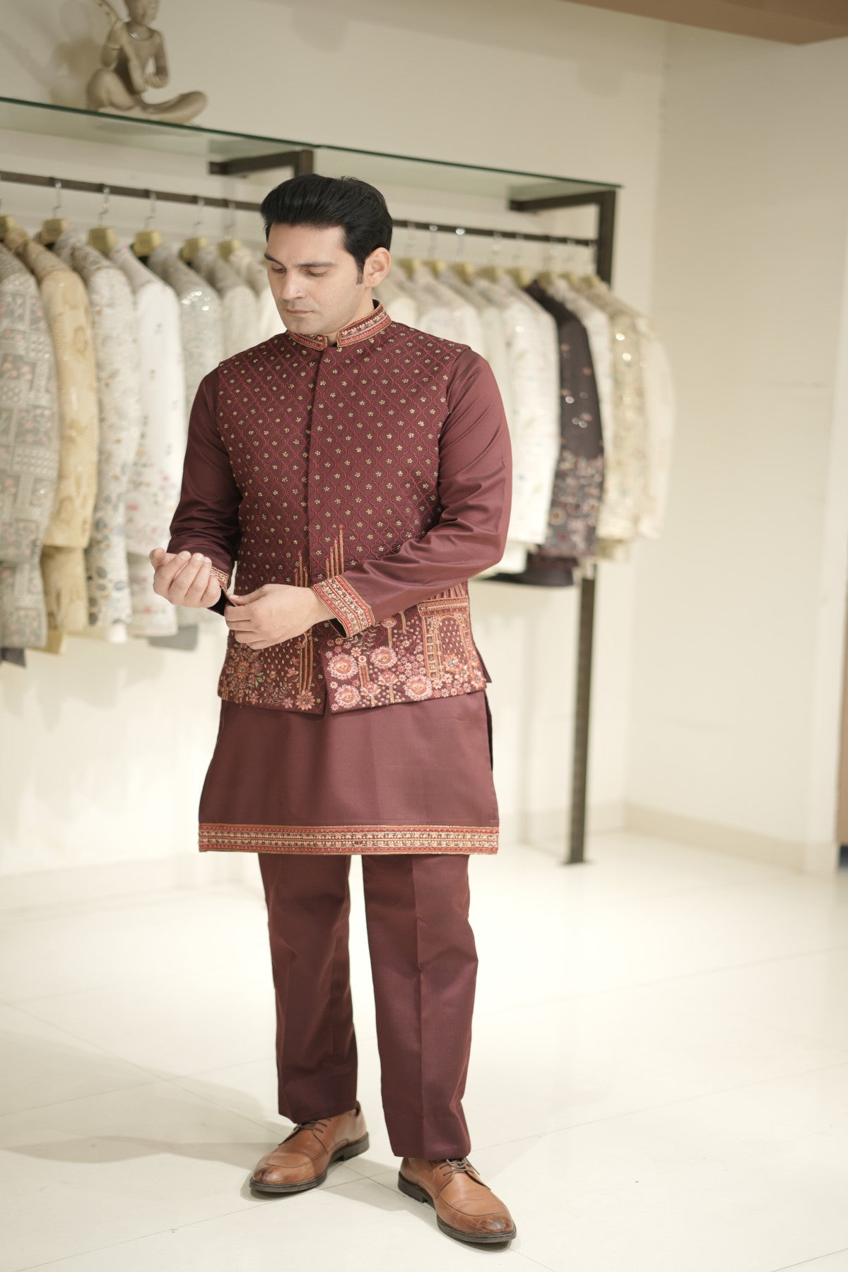 Buy maroon colour kurta pajama with waist coat for wedding